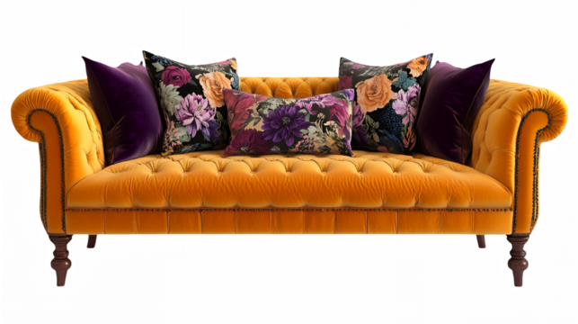 Luxurious velvet sofa, tufted Chesterfield style, vibrant marigold color, ornate wooden legs, colorful floral throw pillows, purple accent pillows, elegant Victorian design.