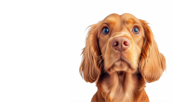 cocker spaniel puppy, close-up portrait, big brown eyes, floppy ears, golden-red fur, white background, studio lighting, high detail, photorealistic, cute expression, head tilt, curiosity.