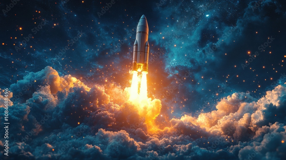 Poster entrepreneurship launch rocket start flying up and network line connection the startup concept plan 