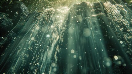 Obraz premium Underwater view of sunlight shining through the water, creating a beam of light and a pattern of bubbles.