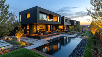 Modern Black House with Swimming Pool and Landscaping - Photography
