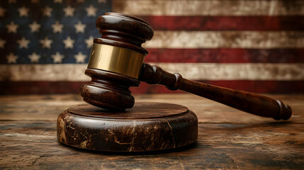 Gavel on Wooden Surface with Flag Background - Realistic Image