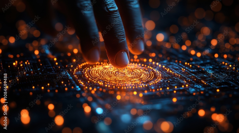 Poster futuristic digital processing of biometric identification fingerprint scanner concept of surveillanc