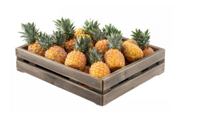 Wooden crate, fresh pineapples, tropical fruit, rustic display, farm market, harvest, organic produce, natural lighting, healthy food, textured wood, vibrant yellow fruit, green pineapple top