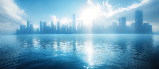 Fototapeta premium A serene city skyline reflected on water under a bright sky.