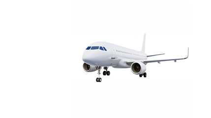 Obraz premium Commercial airliner, white aircraft, jet plane, side view, isolated on white background, detailed fuselage, wings, tail fin, engines, photorealistic, high-resolution, studio lighting, clean backdrop.