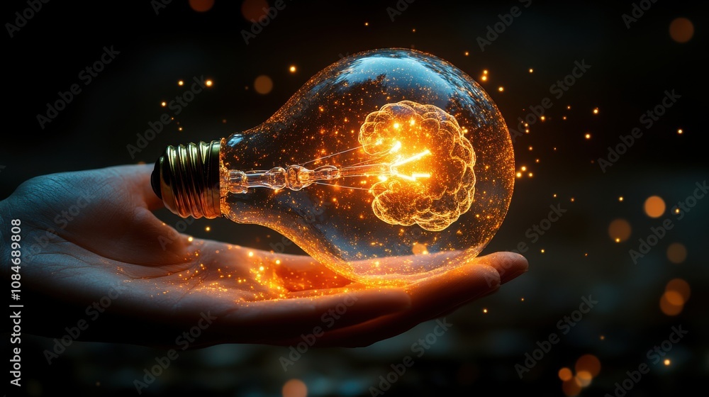 Poster hand holding drawing virtual lightbulb with brain on bokeh background for creative and smart thinkin