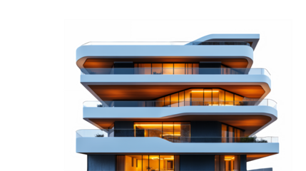 Modern architectural design, futuristic apartment building, stacked rectangular floors, curving balconies, warm interior lighting, glass facades, sleek construction, urban luxury living.