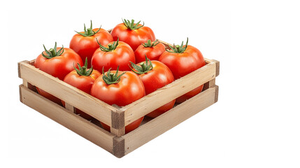Fresh ripe tomatoes, wooden crate, vibrant red color, green stems, photorealistic, close-up, high detail, white background, farm fresh produce, organic vegetables, rustic, crisp lighting