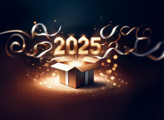 A golden 2025 emerges from a gift box with glowing light and swirling ribbons.