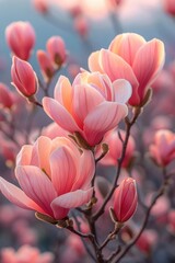Fototapeta premium Delicate Pink Magnolia Blossoms Are Beautifully Flourishing and in Full Bloom Right Now