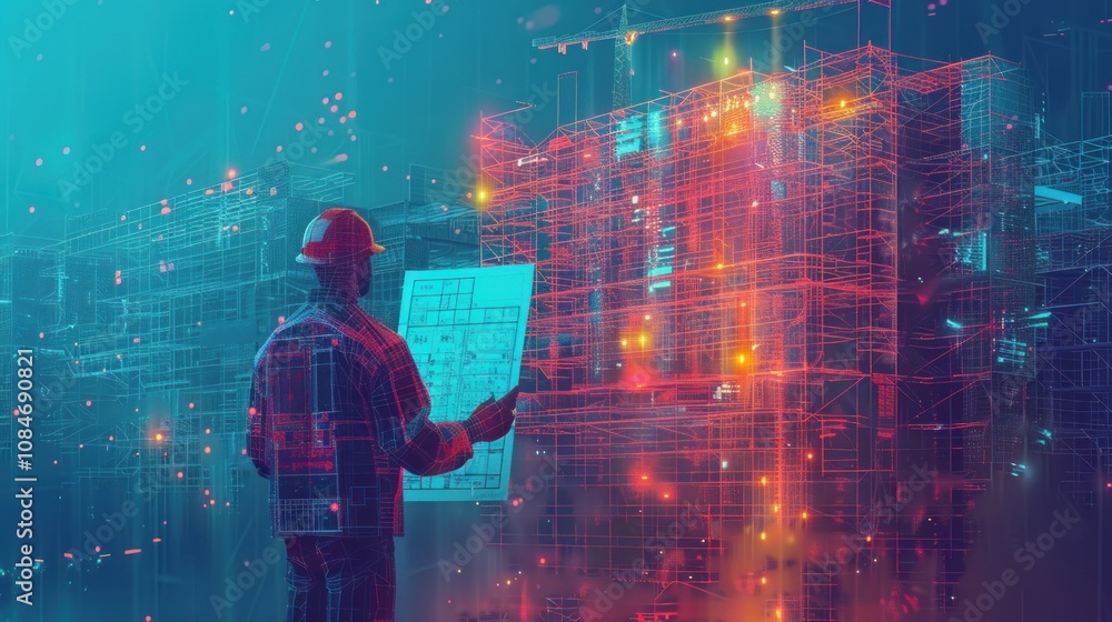 Poster a construction worker holding blueprints stands in front of a futuristic, digital rendering of a bui