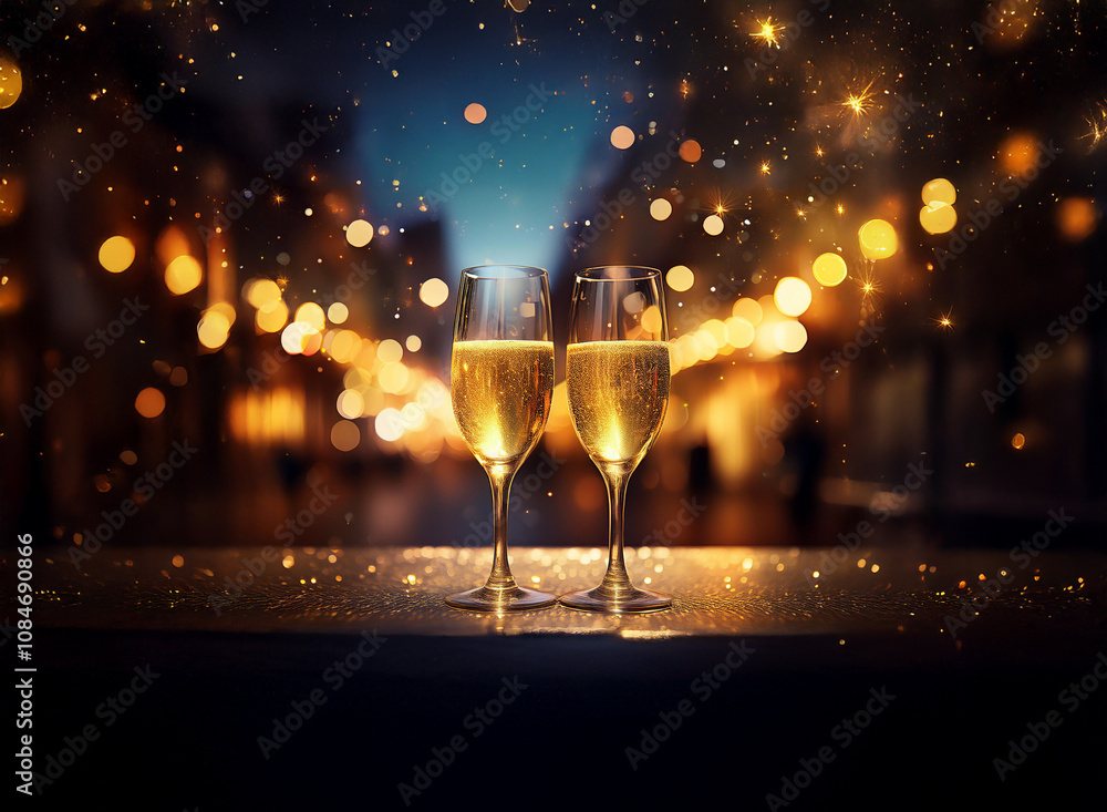 Poster two champagne flutes filled with bubbly stand on a table with a cityscape and sparkling lights in th