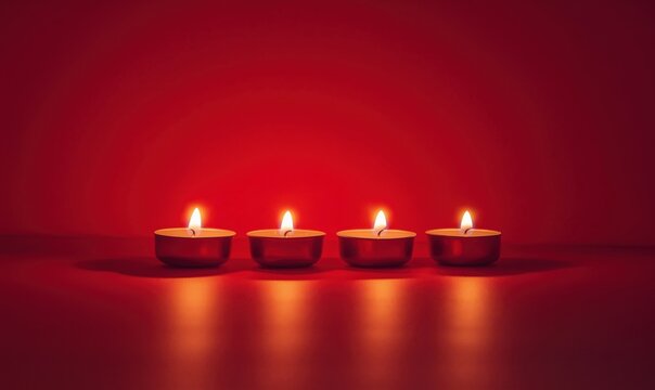 Candles glowing softly, warm ambiance, four tealights arranged in a row, vibrant red background, reflections on smooth surface