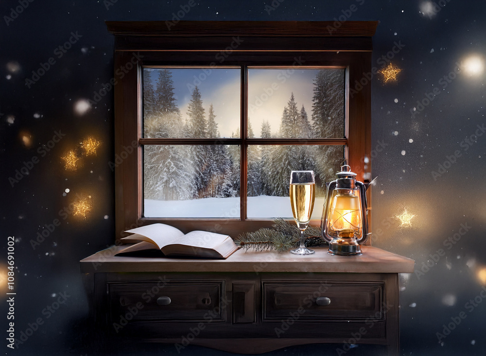 Poster a snowy winter scene viewed through a window with a book, champagne flutes and a lantern resting on 