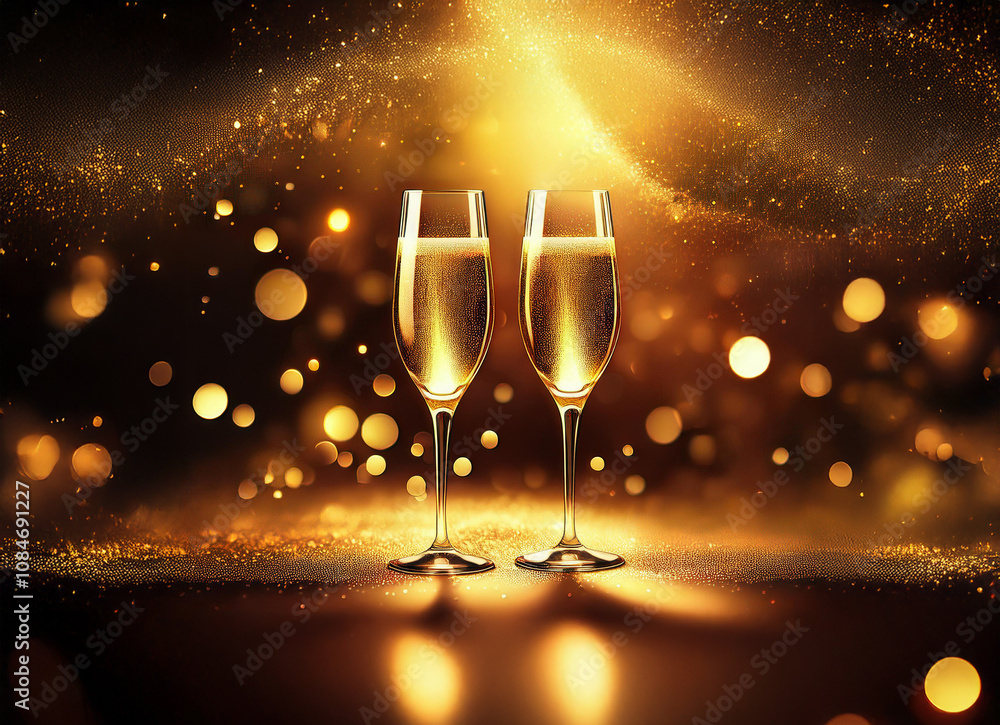 Poster two champagne flutes filled with sparkling wine stand on a table with a bokeh background of golden l