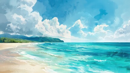 Obraz premium A picturesque scene of a tropical beach with white sand, turquoise water, and a blue sky with white clouds.
