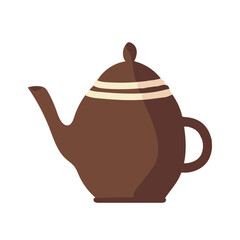 Brown vector illustration of a clay kettle with hot tea or coffee isolated on a white background