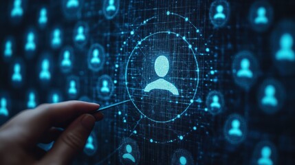 hrm or human resource management man show search bar and manager icon which is among staff icons for human development recruitment leadership and customer target group concep