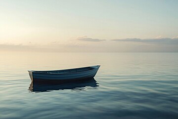 Naklejka premium Serenity at Sea: A Boat Floating on Tranquil Waters at Dawn