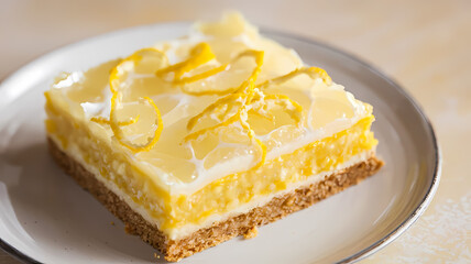Delicious lemon cheesecake slice on a plate, featuring a creamy lemon topping and a graham cracker crust garnished with lemon zest.