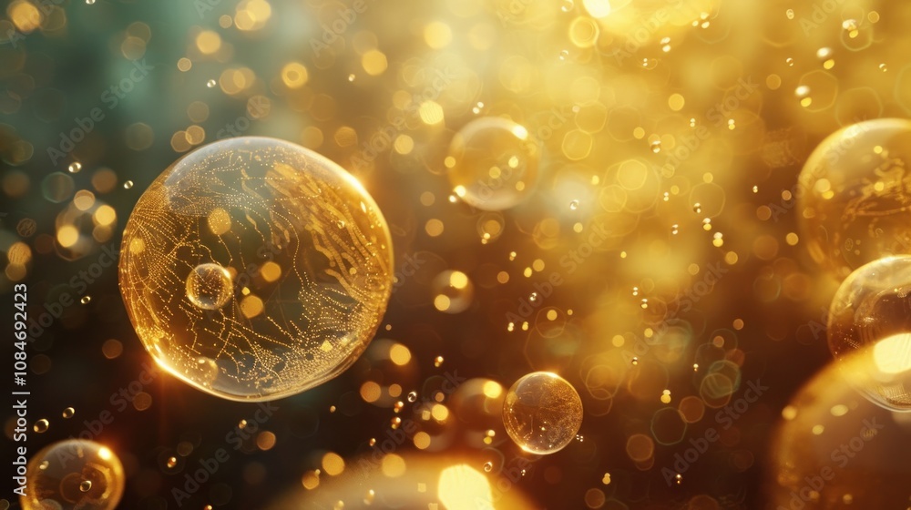 Poster abstract golden bokeh background with transparent orbs floating in a shimmering light.