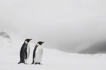 Fototapeta premium Two Penguins Standing Together in a Snowy Landscape
