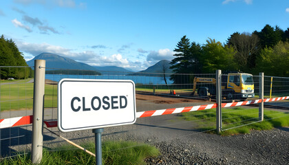 Footpath closed sign on fence at public country park Loch Lomond while construction work is in progress isolated with white highlights, png