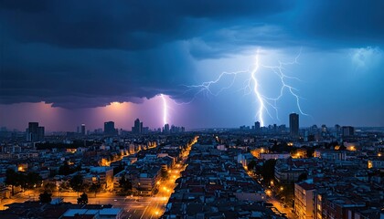 Lightning Storm Over City Skyline – Massive Bolt Illuminating Night Sky During Thunderstorm