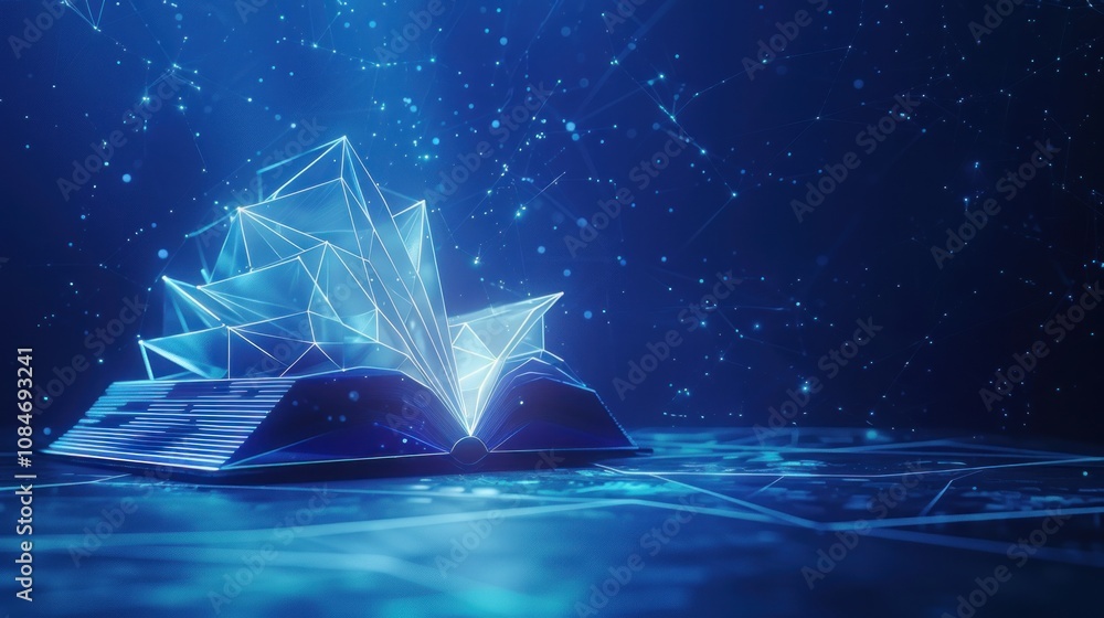 Aufkleber an open book with glowing lines and shapes, a blue background with sparkles.
