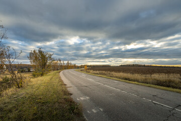 A road with a few trees in the background and a cloudy sky