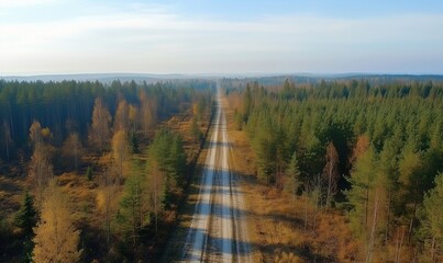 Scenic forest road through autumn landscape, surrounded by vibrant trees and clear skies, showcasing natural beauty and tranquility.