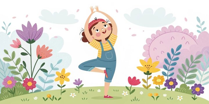 Cheerful young indian girl practicing the tree yoga pose in a vibrant meadow filled with colorful flowers and soft clouds, promoting a healthy and active lifestyle for children