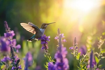 A Hummingbird in Flight Amidst Vibrant Purple Blossoms