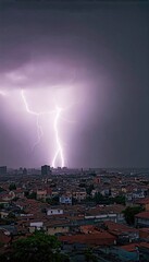 Lightning Storm Over City Skyline – Massive Bolt Illuminating Night Sky During Thunderstorm