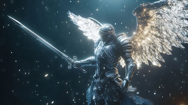 Angel Knight in Armor with Glowing Wings