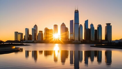 Obraz premium Modern City Skyline at Sunrise with Golden Light and Reflections
