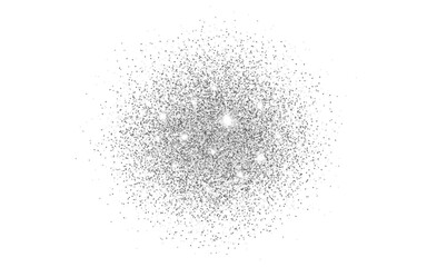 Glitter silver. Shining circle with flares. Round confetti dots. Rich poster template. Greeting card or invitation design. Bright dust for advertising or gift card. Vector illustration.