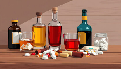 Composition with alcohol and drugs on wooden table. Concept of bad habits isolated with white highlights, png