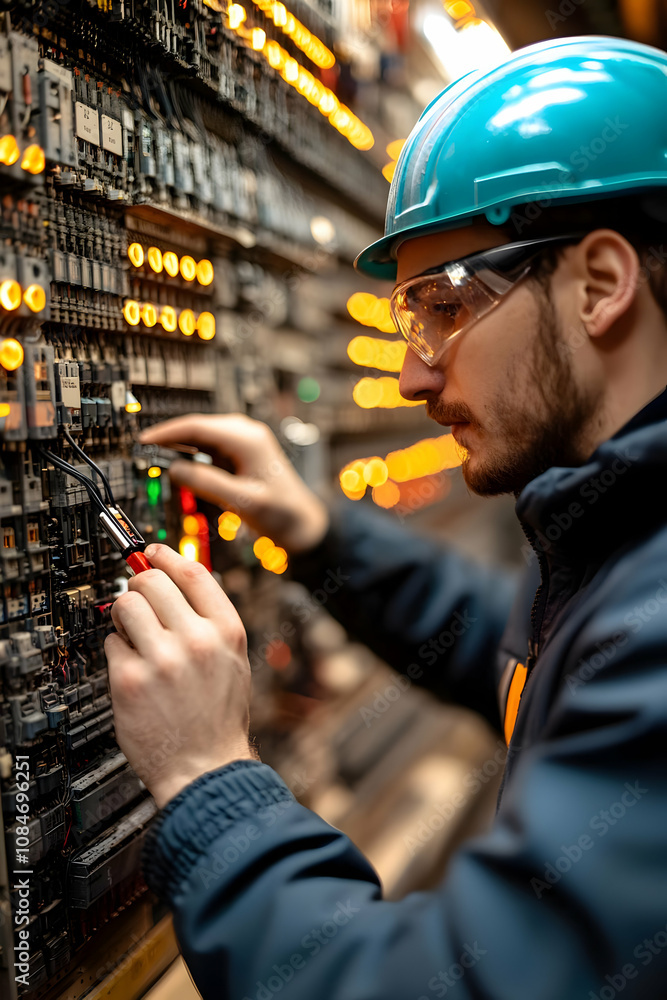 Poster electrician working on a control panel - realistic image
