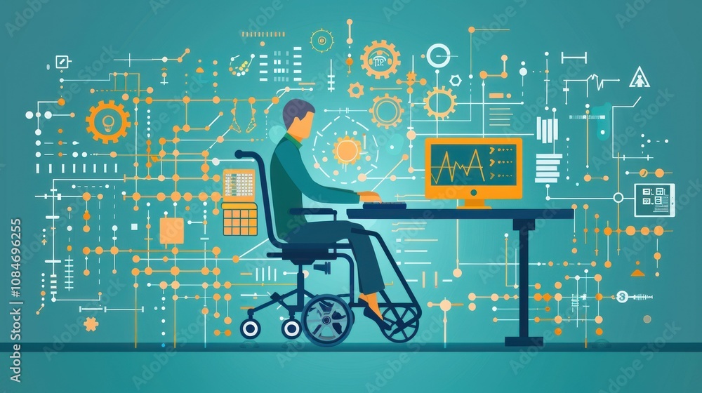 Aufkleber a man in a wheelchair working on a computer, surrounded by digital data and technology.
