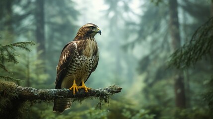 Majestic hawk perched on mossy branch in misty forest.