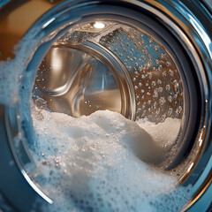 Retro-style laundromat washing machine in an old-fashioned wooden interior setting