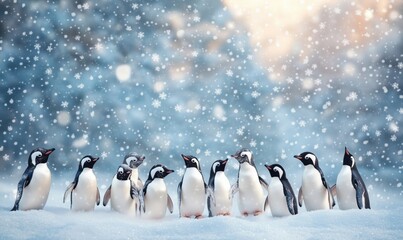 Obraz premium Penguins in snow, winter scene, group of Gentoo penguins standing together, snowflakes falling, soft blue background, serene atmosphere