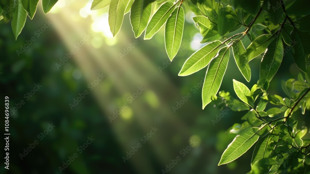 Poster soft sunlight filtering through lush green leaves in a serene forest setting, creating a tranquil an