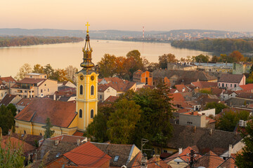 Medieval Austro-Hungarian district Zemun in Belgrade - Aerial drone shot, Serbia, European city