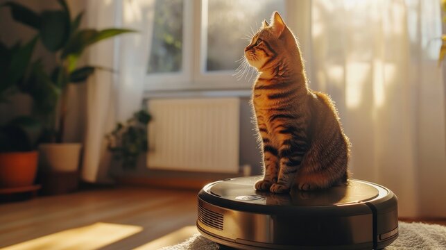 A tabby cat sits on a robot vacuum cleaner in a sunlit room. - Powered by Adobe