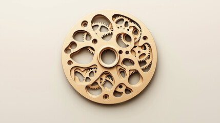 Intricate circular gear with multiple interlocking cogs and holes, resembling a complex mechanical system on a neutral background.