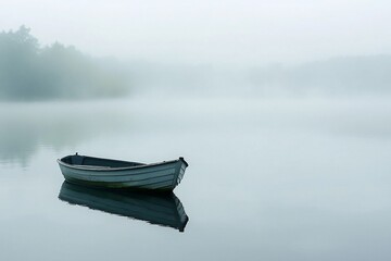 Naklejka premium Serene Misty Morning on the Water with a Lone Boat