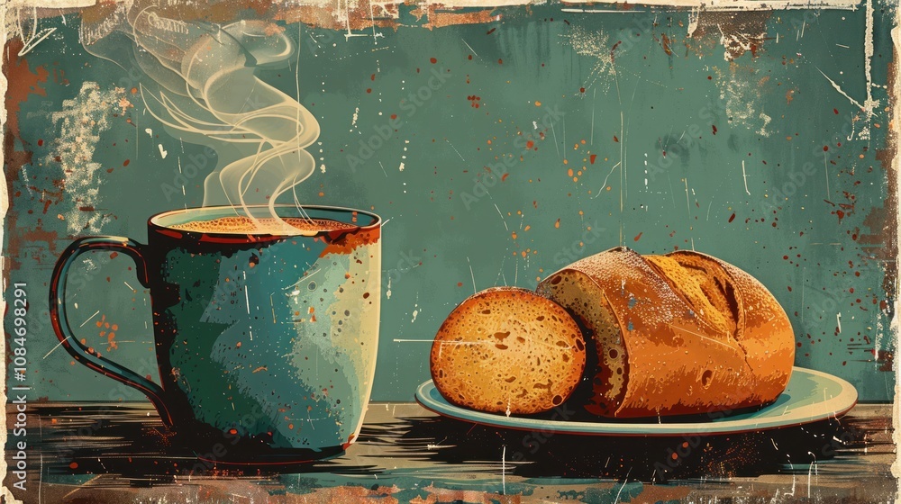 Poster here's a description following your specifications.. steaming mug of coffee and sliced bread on rust